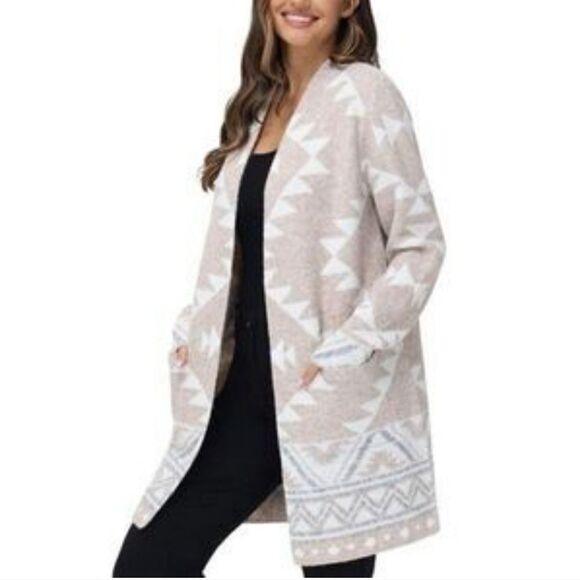 Frye Gray and Cream Cardigan Sweater with Open Front and Long Length - Picture 2 of 11